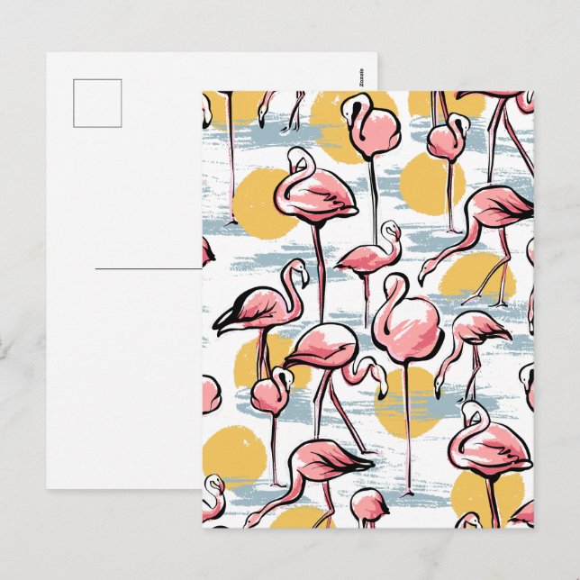 Pink Flamingo birds and sunset | Tropical Tango  Holiday Postcard (Front/Back)