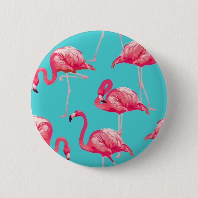 Pink flamingo birds on turquoise background 2 inch round button (Front)