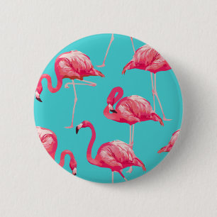 Pink flamingo birds on turquoise background 2 inch round button