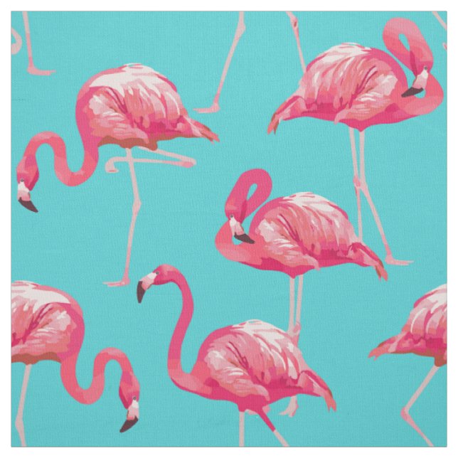 Pink flamingo birds on turquoise background fabric (Swatch)