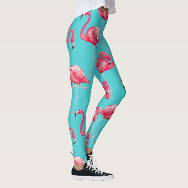 Pink flamingo birds on turquoise background leggings (Right)