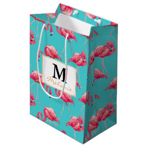 Pink flamingo birds on turquoise background medium gift bag