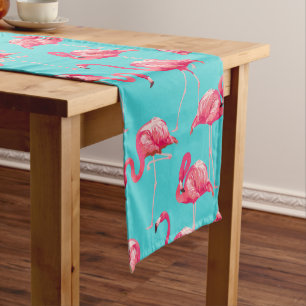 Pink flamingo birds on turquoise background short table runner