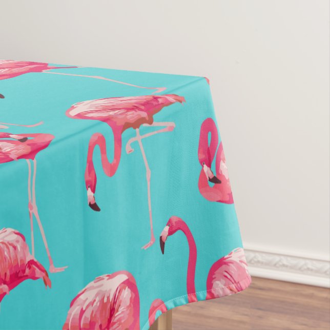 Pink flamingo birds on turquoise background tablecloth (In Situ)
