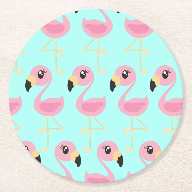 Pink Flamingo Birthday Party Round Paper Coaster (Front)