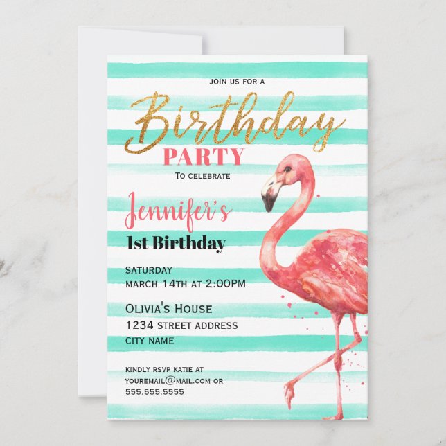 Pink Flamingo Birthday Party with Mint Stripes | Invitation (Front)
