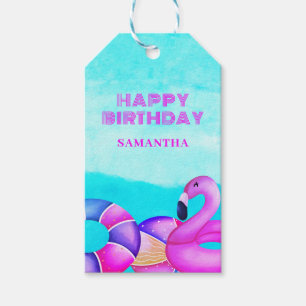 Pink Flamingo Birthday Pool Party Name Gift Tags