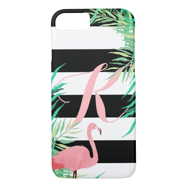 Pink Flamingo & Black Stripes Monogrammed Case-Mate iPhone Case (Back)
