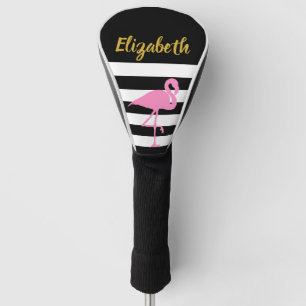 Pink Flamingo Black White Stripes Faux Gold Script Golf Head Cover