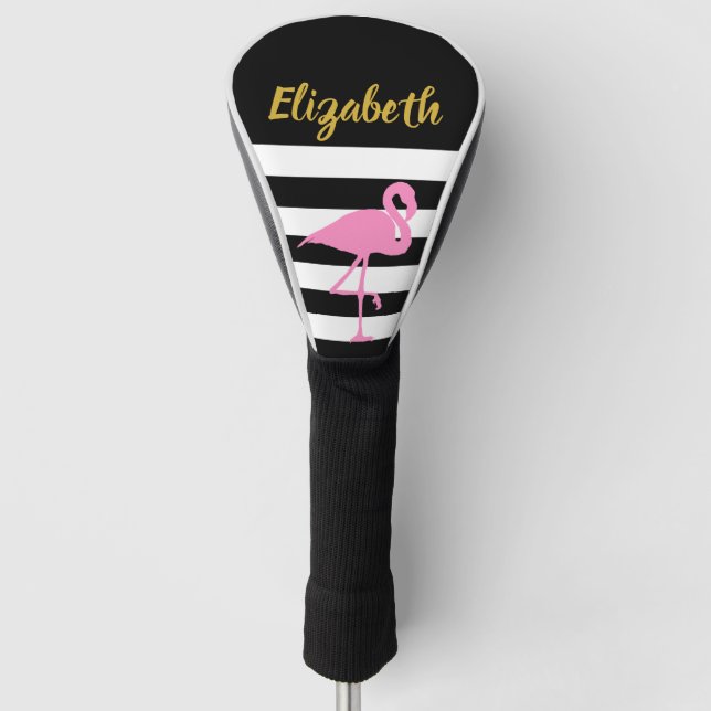 Pink Flamingo Black White Stripes Faux Gold Script Golf Head Cover (Front)