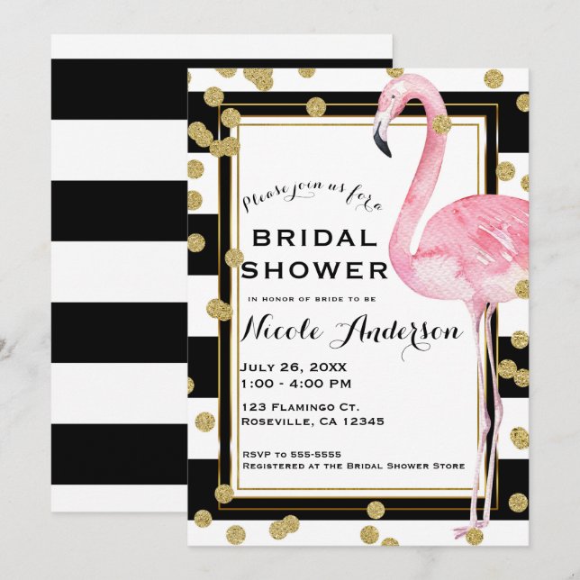 Pink Flamingo Black White Stripes & Gold Confetti Invitation (Front/Back)