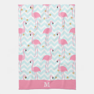 Pink Flamingo Blue Chevron Stripe Monogram Kitchen Towel