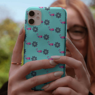 pink Flamingo & blue flower pattern on teal iPhone 11 Case