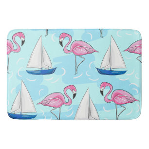 Pink Flamingo Blue Sailboat Preppy Bath Mat