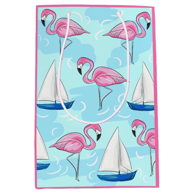 Pink Flamingo Blue Sailboat Preppy Medium Gift Bag (Front)