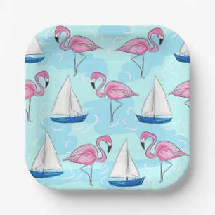 Pink Flamingo Blue Sailboat Preppy Paper Plate