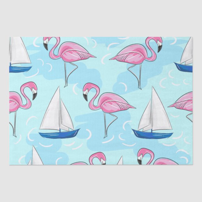 Pink Flamingo Blue Sailboat Preppy Tissue Paper (Front)