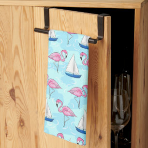 Pink Flamingo Blue Sailboat Tropical Nautical Kitchen Towel