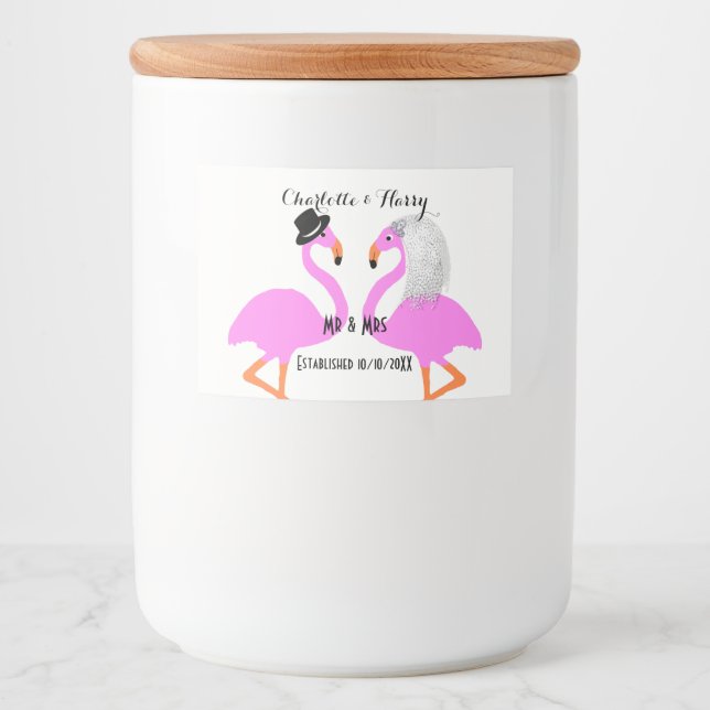 Pink Flamingo Bride & Groom Personalized Food Label (Front)