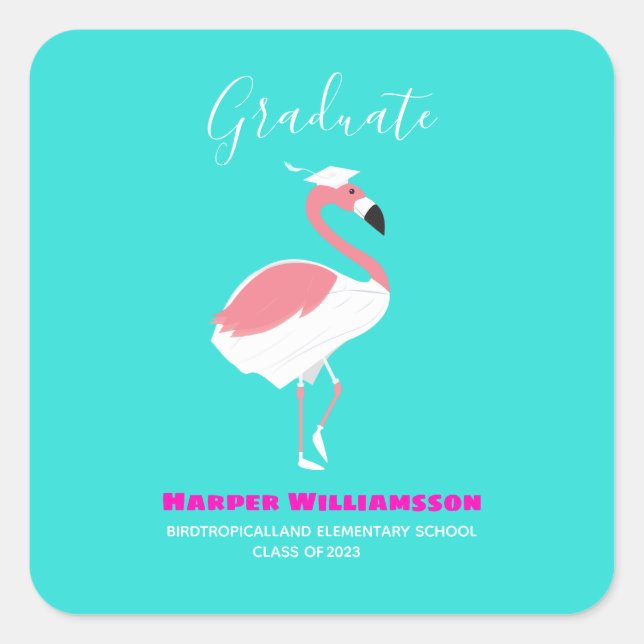 Pink Flamingo Bright Blue Graduation Square Sticker (Front)