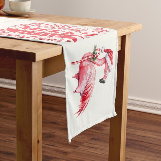 Pink Flamingo Candy Cane Have A Merry Christmas Short Table Runner (In Situ)