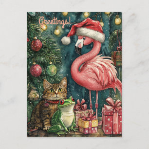 Pink Flamingo Cat & Frog Tropical Christmas Holiday Postcard