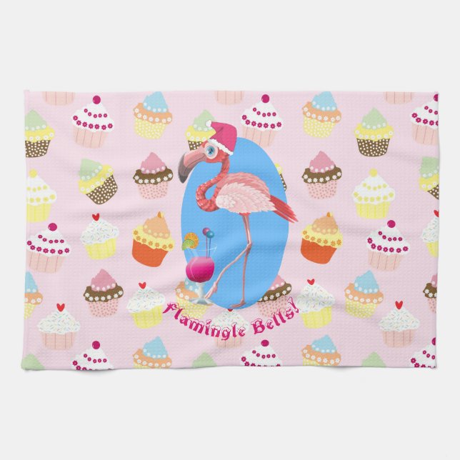 Pink Flamingo Christmas Cocktails and Cupcakes Kitchen Towel (Horizontal)