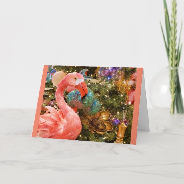Pink Flamingo Christmas Holiday Greeting Card (Front)