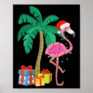 Pink Flamingo Christmas Palm Tree Tropical Xmas Fu Poster