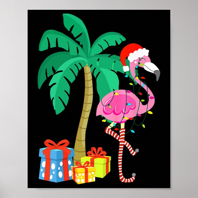 Pink Flamingo Christmas Palm Tree Tropical Xmas Fu Poster (Front)