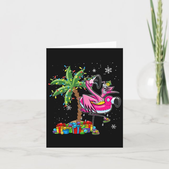 Pink Flamingo Christmas Palm Tree Tropical Xmas Ho Card (Front)