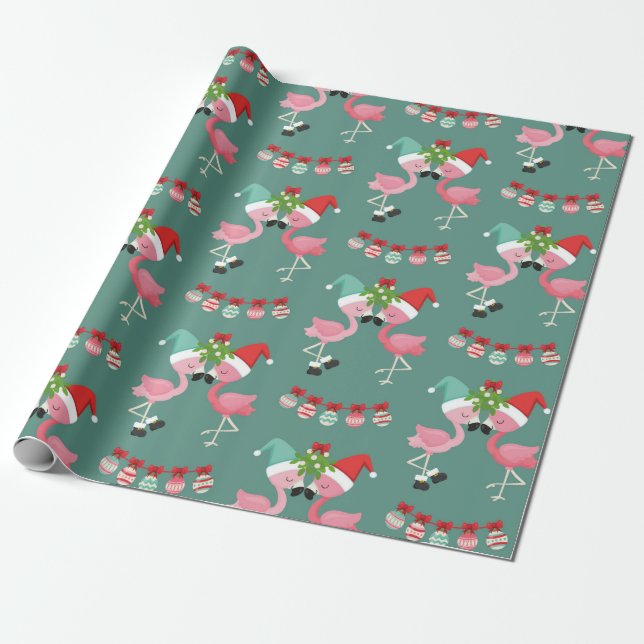 Pink Flamingo Christmas Wrapping Paper (Unrolled)