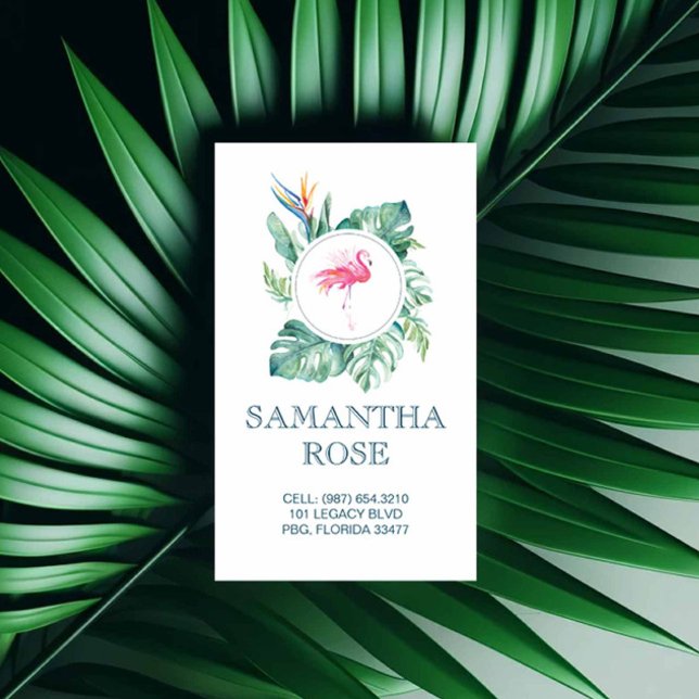 Pink Flamingo Coastal Mommy Card (Girly business cards feature watercolor pink flamingo & tropical palm leaf art Victoria Grigaliunas)