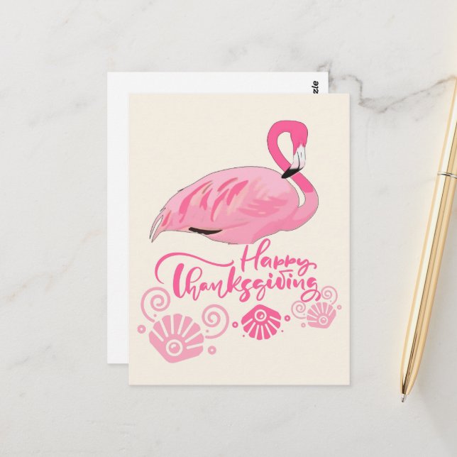 Pink Flamingo Coastal Thanksgiving Greeting Postcard (Front/Back In Situ)