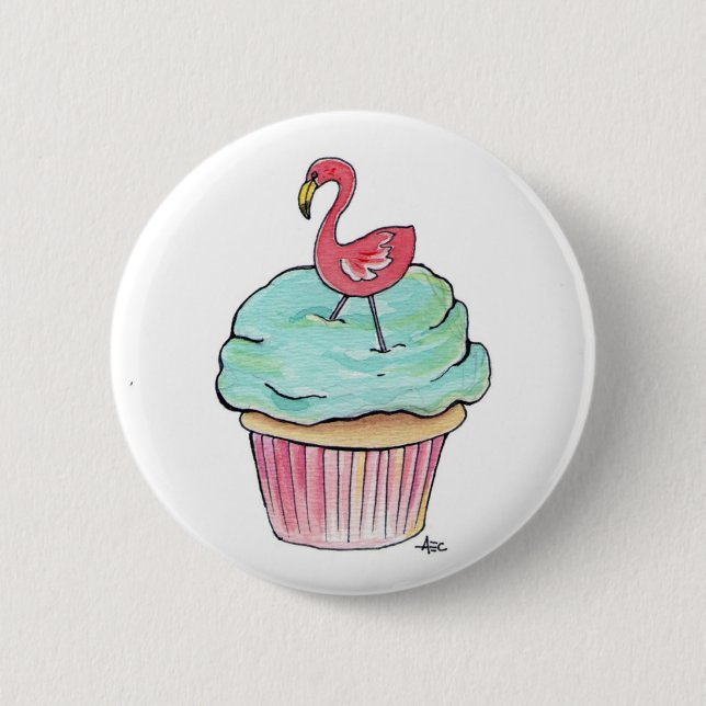 Pink Flamingo Cupcake Retro Dessert! 2 Inch Round Button (Front)