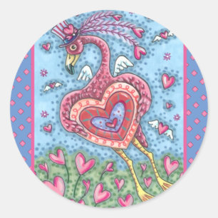 PINK FLAMINGO CUPID AND FLYING HEARTS VALENTINE CLASSIC ROUND STICKER