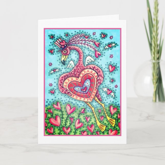 PINK FLAMINGO CUPID AND FLYING HEARTS VALENTINE HOLIDAY CARD (Front)