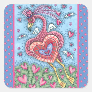 PINK FLAMINGO CUPID AND FLYING HEARTS VALENTINE SQUARE STICKER