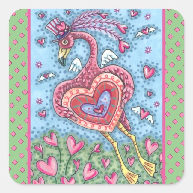 PINK FLAMINGO CUPID AND FLYING HEARTS VALENTINE SQUARE STICKER (Front)
