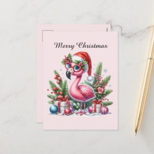pink flamingo customizable Merry Christmas Holiday Postcard