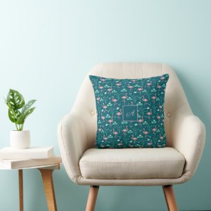  Pink Flamingo cute green teal pattern initial  Throw Pillow