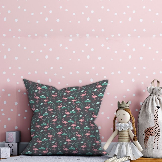  Pink Flamingo cute grey pattern Throw Pillow (Creator Uploaded)