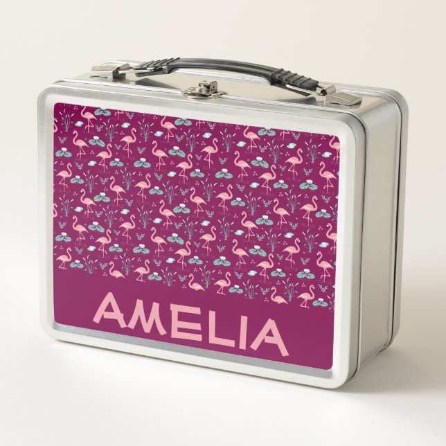  Pink Flamingo cute red pattern name Metal Lunch Box (Front)