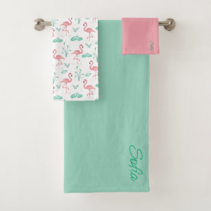 Pink Flamingo cute tuquoise grey pattern Bath Towel Set