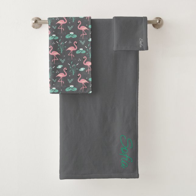  Pink Flamingo cute tuquoise grey pattern Bath Towel Set (Insitu)