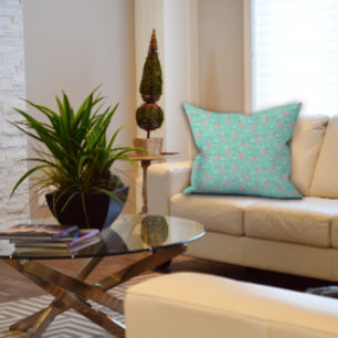 Pink Flamingo cute turquoise pattern Throw Pillow