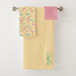  Pink Flamingo cute yellow pattern Bath Towel Set