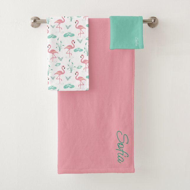  Pink Flamingo cute yellow pattern Bath Towel Set (Insitu)