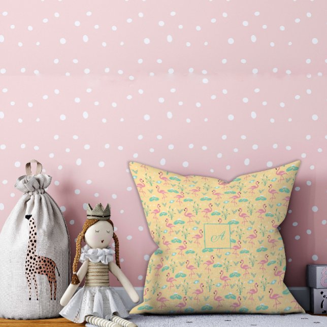  Pink Flamingo cute yellow pattern initial Throw Pillow (Creator Uploaded)