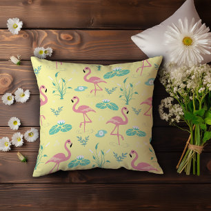 Pink Flamingo cute yellow pattern Throw Pillow